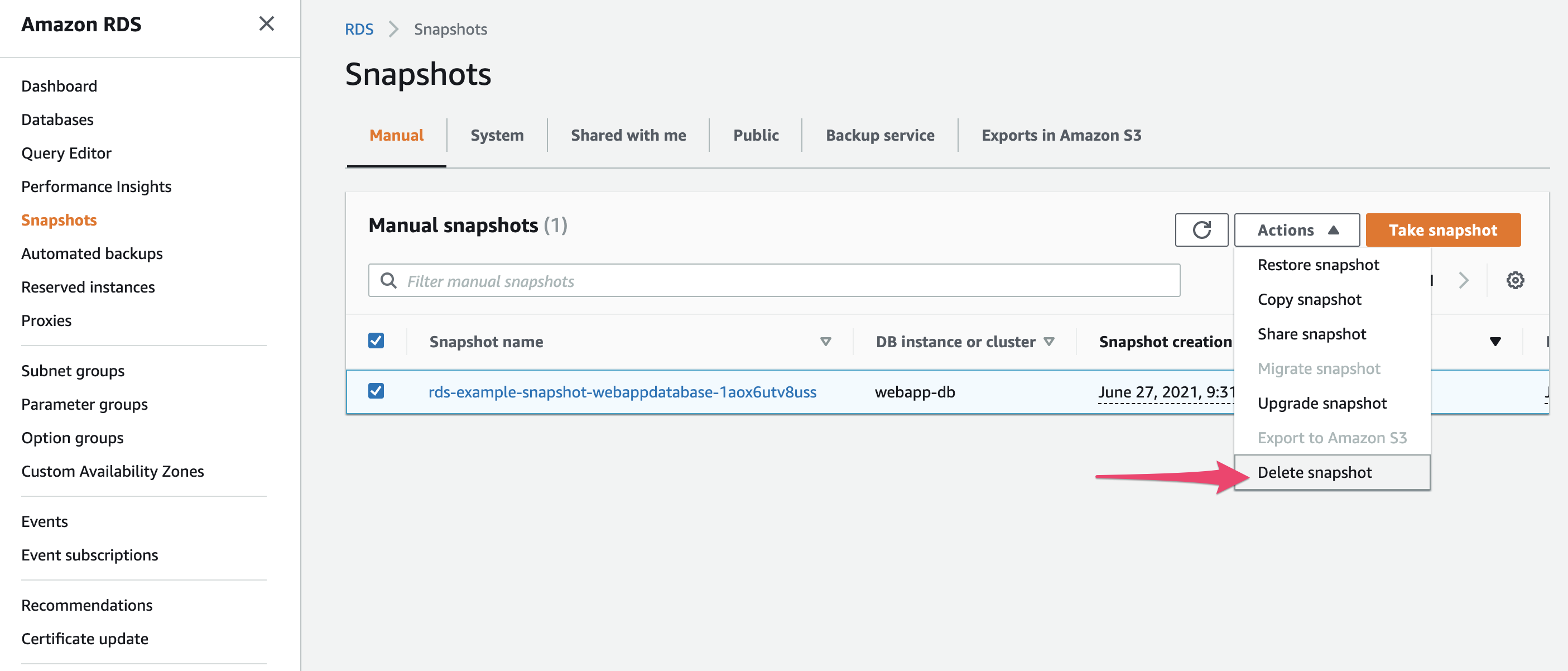 RDS Management Console showing selected snapshots to be deleted